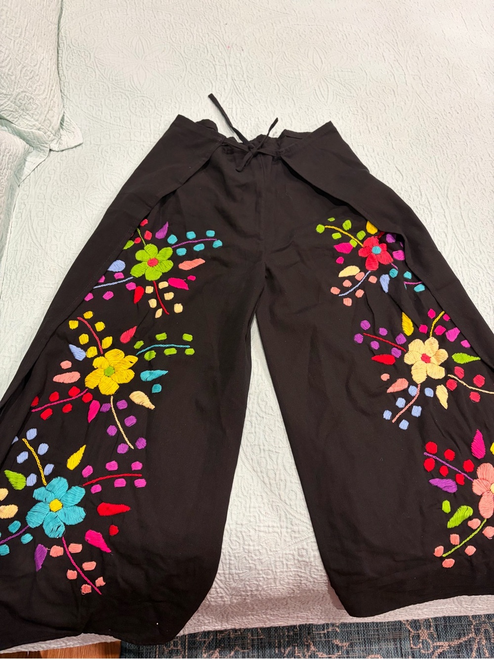 Black Wide-Leg Pants with Vibrant Floral Embroidery